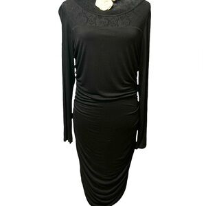 Lola & Sophie Black LS Ruched Bodycon Midi Dress L. NWT